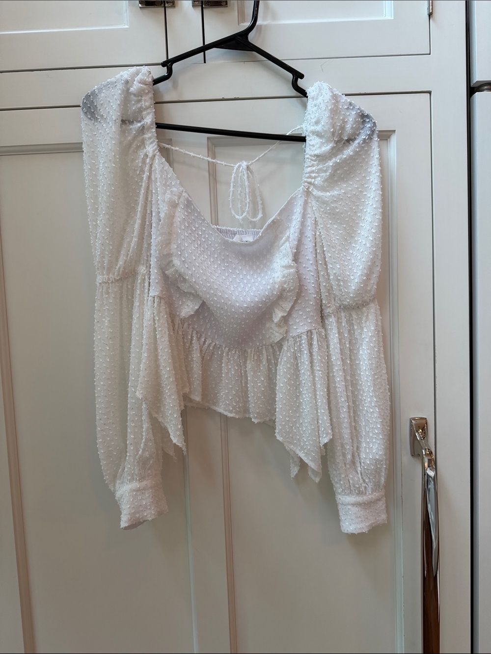 White Swiss Dot Ruffle Peasant Blouse - Brand: Song of Style size xs